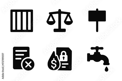 Corruption Consequences Icons. Solid, filled icon set of corruption consequences: jail cell, broken scales, protest sign, dollar burning, blacklist, warning