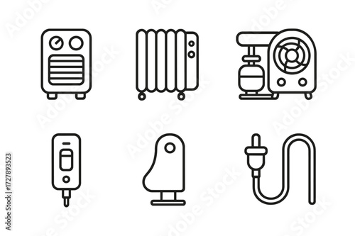 Portable Heater Icons. Outline icon set of portable heaters: space heater, oil-filled radiator, ceramic heater, propane heater, fan heater, heater switch,