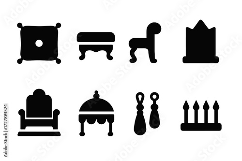 Throne Accessories Icons. Solid, filled icon set of throne accessories: royal cushion, footstool, armrest, throne backrest, throne base, throne canopy,