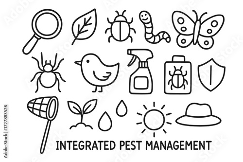 Pest Control Doodles. Hand-drawn doodle illustration integrated pest management magnifying glass, leaf, beetle, worm, butterfly, spider, bird, spray bottle,