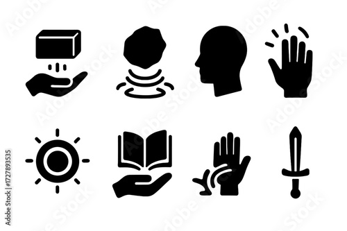 Telekinesis Icon Set. Solid, filled icon set of telekinesis powers: levitating object, floating rock, psychic wave, hand with aura, energy ring, lifted book,
