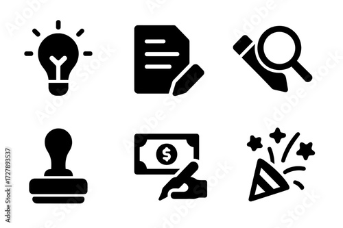 Proposal Icons Set. Solid, filled icon set of proposal stages: idea bulb, draft paper, editing pencil, review magnifier, approval stamp, contract signing,