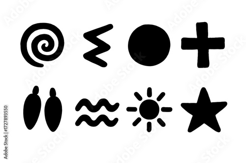 Cave Painting Icons. Solid, filled icon set of cave painting motifs: spirals, zigzags, circles, crosses, animal tracks, waves, suns, stars. [Solid, filled
