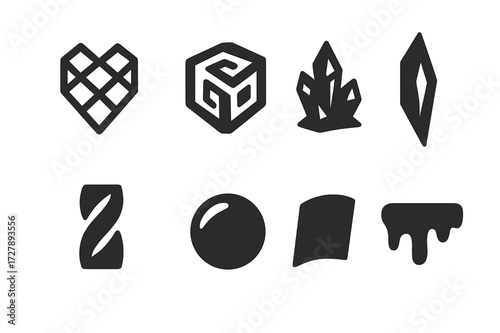 Black Ice Icon Set. Solid, filled icon set of abstract ice art: geometric pattern, spiral cube, crystalline cluster, frozen shard, twisted column, mirrored