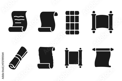 Ancient Scroll Icon Set. Solid, filled icon set of scroll materials: papyrus, vellum, rice paper, bamboo scroll, silk scroll, leather-bound scroll, handmade