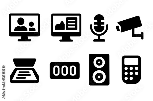 Courtroom Technology Icons. Solid, filled icon set of courtroom technology: video conferencing, digital evidence display, recording device, security camera,