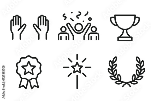 Victorious Icons Collection. Outline icon set of winning moment: raised hands, cheering crowd, confetti, trophy cup, winner badge, star burst, prize ribbon,