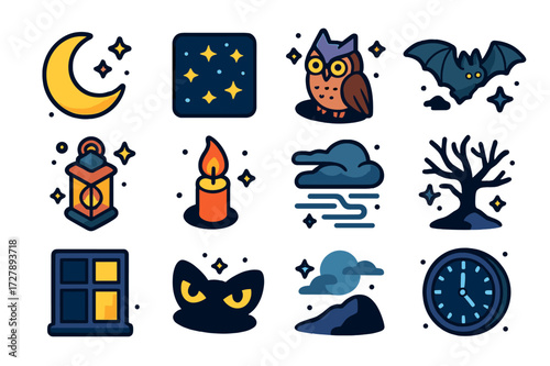 Nighttime Icon Set. Dark night. Colorful isometric vector icons set of dark night: crescent moon, starlit sky, owl, bat, lantern, candle flame, fog cloud,