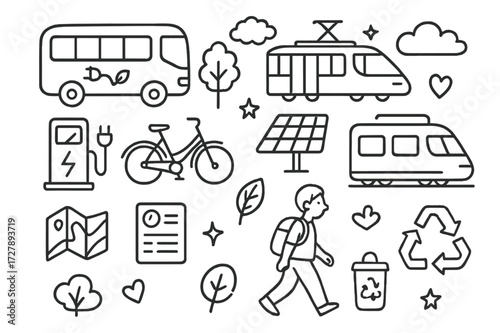 Eco-Friendly Transport Doodles. Hand-drawn doodle illustration Eco-friendly public transport [electric bus, tram, train, bicycle, solar panel, tree, leaf,