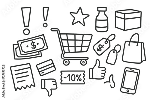 Impulse Buying Doodle. Hand-drawn doodle illustration impulse buying shopping cart, exclamation mark, star, lightning bolt, money, credit card, product box,