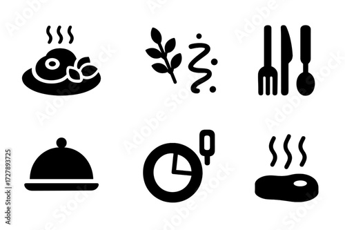 Main Course Icons. Solid, filled icon set of main course presentation: plated dish, garnish, sauce drizzle, cutlery, serving tray, portion control, food
