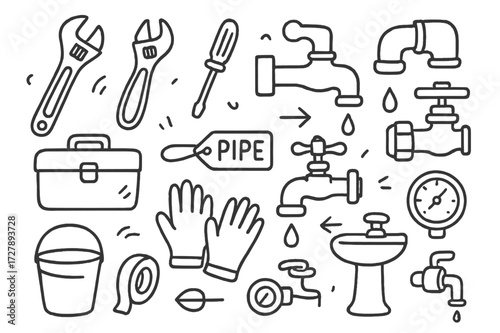 Plumbing Tools Doodle. Hand-drawn doodle illustration Plumbing maintenance tools wrench, pliers, screwdriver, pipe joint, faucet, valve, droplet, toolbox,