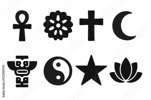 Ceremonial Symbol Icons. Solid, filled icon set of ceremonial symbols: ankh, mandala, cross, crescent, totem, yin yang, star, lotus. Solid, filled icons in