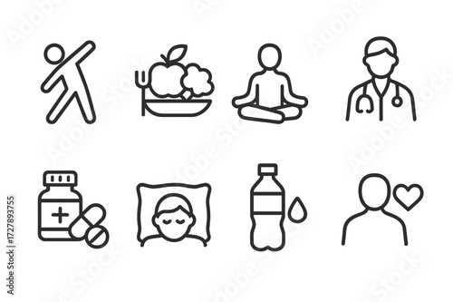 Parental Wellness Icons. Outline icon set of parental health and wellness: exercise, healthy meal, meditation, doctor visit, vitamins, sleep, hydration, mental