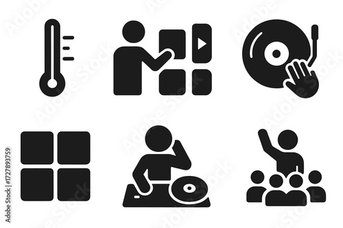DJ Skills Icon Set. Solid, filled icon set of DJ skills: tempo control, track selection, mixing skills, scratching technique, beatmatching, sampling, live