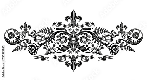 Elegant vintage floral border design with roses fleur-de-lis and ribbons for luxury branding