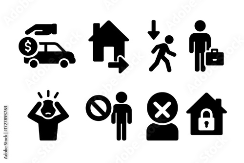 Bankruptcy Consequence Icons. Solid, filled icon set of bankruptcy consequences: repossession, eviction, job loss, legal action, stress, debt collection,