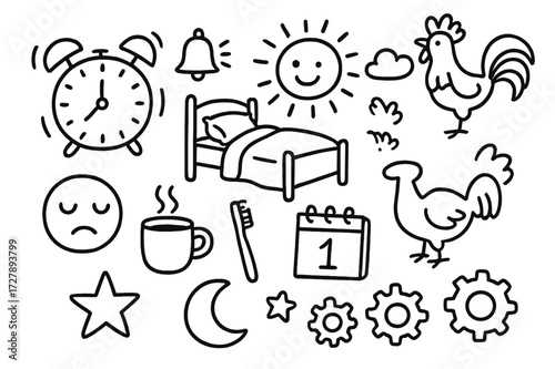Morning Routine Doodles. Hand-drawn doodle illustration Alarm clock morning alarm clock, ringing bell, bed, pillow, blanket, sun, cloud, rooster, sleepy face,