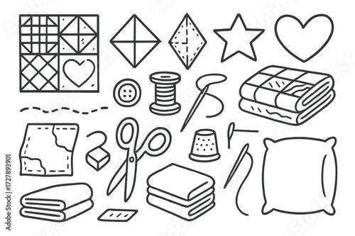 Quilt Pattern Doodles. Hand-drawn doodle illustration Quilt patterns square, diamond shape, triangle patch, star, heart, folded quilt, stitching line, fabric
