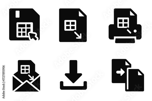 Spreadsheet Export Icons. Solid, filled icon set of spreadsheet export: save disk, PDF file, CSV file, print page, email send, cloud upload, download arrow,