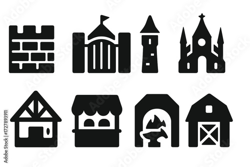 Feudal Architecture Icons. Solid, filled icon set of feudal architecture: stone wall, wooden gate, turret, cathedral, timber house, market stall, blacksmith