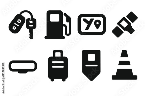 Escort Transportation Icons. Solid, filled icon set of escort transportation accessories: car keys, fuel pump, GPS device, seatbelt, rearview mirror, luggage,