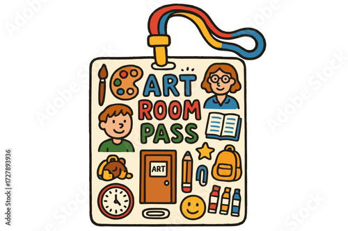 Art Room Pass Icons. Art room pass. Colorful Hand-drawn doodle Children illustration Pass card, paintbrush, palette, lanyard, student, notebook, backpack,