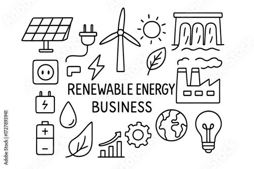 Renewable Energy Icons. Hand-drawn doodle illustration Renewable energy for business solar panel, wind turbine, hydro dam, battery, plug, outlet, lightning