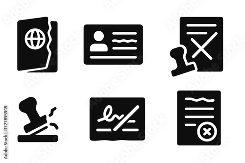 Worthless Documentation Icons. Solid, filled icon set of worthless documentation: torn passport, faded ID card, discarded license, crossed-out application,