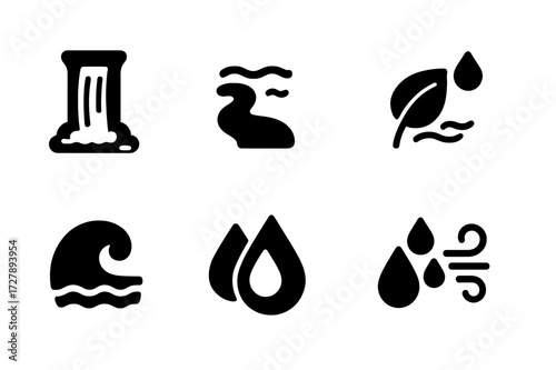 Nature's Cleansing Icons. Solid, filled icon set of natural cleansing: waterfall, river stream, rain droplets, leaf washing, ocean wave, mountain spring, dew