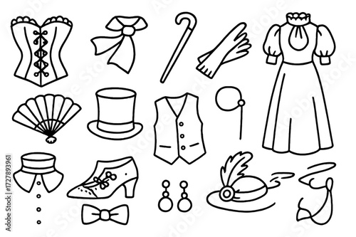 Bourgeois Fashion Icons. Hand-drawn doodle illustration bourgeois fashion corset, cravat, cane, silk gloves, fan, top hat, lace shoes, waistcoat, long dress,