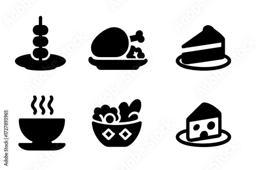 Dinner Course Icons. Solid, filled icon set of dinner courses: appetizer, main course, side dish, dessert, soup, salad, bread basket, cheese platter. [Line