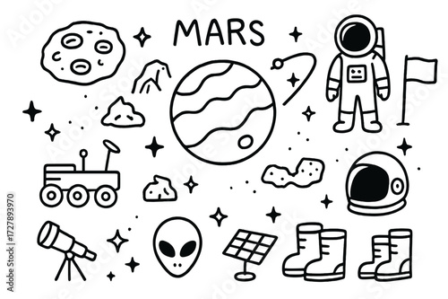 Mars Exploration Doodle. Hand-drawn doodle illustration Mars [Mars planet, crater, red rock, dust cloud, rover, satellite, astronaut, flag on Mars, helmet,