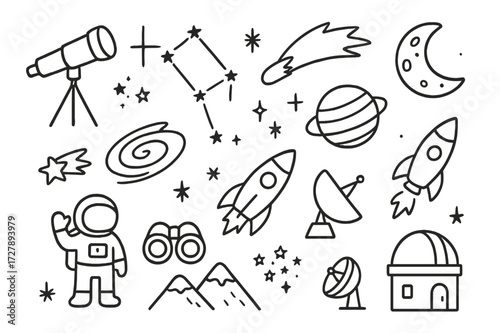 Orion's Belt Doodle. Hand-drawn doodle illustration Orion?s belt three stars, constellation grid, telescope, comet, moon, planet, shooting star, spiral galaxy,