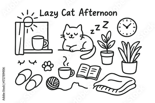 Lazy Cat Afternoon. Hand-drawn doodle illustration [Lazy cat afternoon] [cat on windowsill, sun rays, cup of tea, open book, slippers, dozing eyes, cat tail,