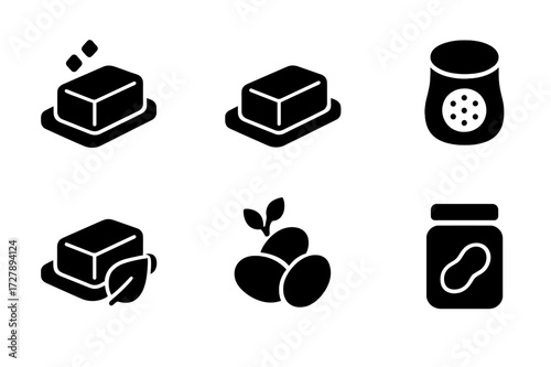 Butter Icons Set. Solid, filled icon set of butter types: salted butter, unsalted butter, whipped butter, cultured butter, clarified butter, vegan butter, shea