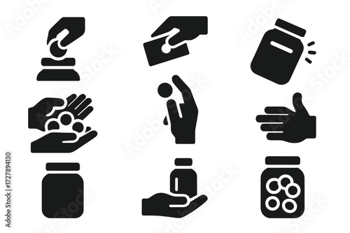Tip Jar Icon Set. Solid, filled icon set of tip jar actions: inserting coin, dropping bill, shaking jar, counting tips, tipping gesture, tipping hand, empty