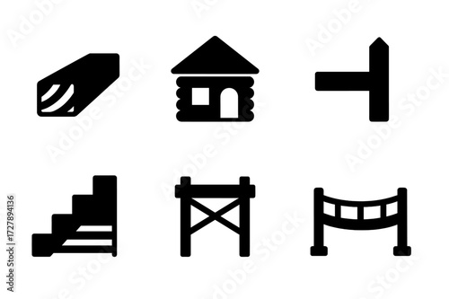 Wood Construction Icons. Solid, filled icon set of wood construction: timber beam, log cabin, wooden roof, fence post, wooden stairs, pallet, scaffolding,