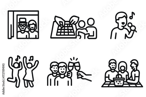 Reunion Activity Icons. Outline icon set of reunion activities: photo booth, board games, storytelling, karaoke, dancing, group selfie, toast, picnic. Line