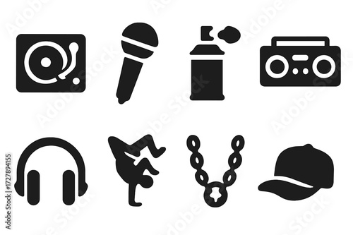 Hip Hop Icon Set. Solid, filled icon set of hip hop elements: turntable, microphone, graffiti spray can, boom box, headphones, breakdancer, gold chain,