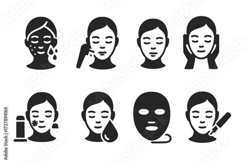 Skin Treatment Icons. Solid, filled icon set of skin treatments: chemical peel, laser therapy, microdermabrasion, facial massage, cryotherapy, hydration