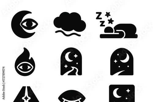 Dream Vision Icon Set. Solid, filled icon set of dream visions: eye in moon, dream mist, floating symbols, sleeping figure, dream flame, astral path, sleeping