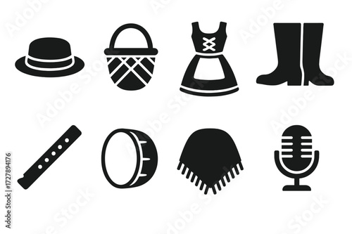 Folk Music Icons. Solid, filled icon set of folk music accessories: straw hat, woven basket, folk dress, leather boots, wooden flute, hand drum, shawl, vintage