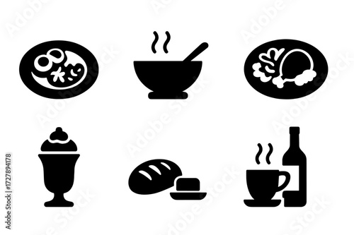 Banquet Course Icons. Solid, filled icon set of banquet meal courses: appetizer plate, soup bowl with spoon, salad dish, entree plate, dessert cup, bread roll