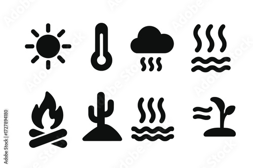 Warming Weather Icons. Solid, filled icon set of warming weather and climate: sun, thermostat, warm cloud, heat wave, campfire, desert, hot springs, warm
