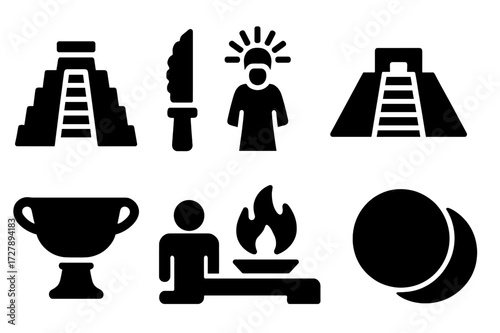 Ancient Ritual Icons. Solid, filled icon set of ancient sacrificial practices: pyramid altar, obsidian blade, sun priest, sacred steps, ritual vessel, human