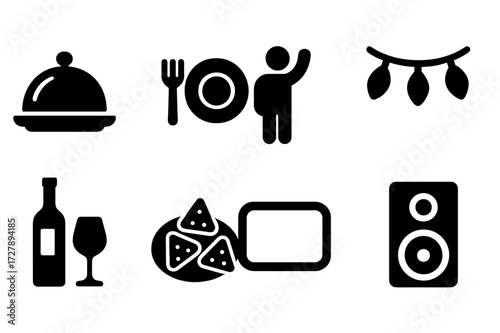 Hosting Icon Set. Solid, filled icon set of hosting at home: serving tray, dining setup, greeting pose, welcome mat, decorative lights, wine bottle, appetizer