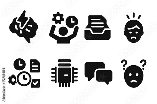 Cognitive Overload Icons. Solid, filled icon set of cognitive overload: brain with lightning, multitasking, overflowing inbox, stressed person, clock with many