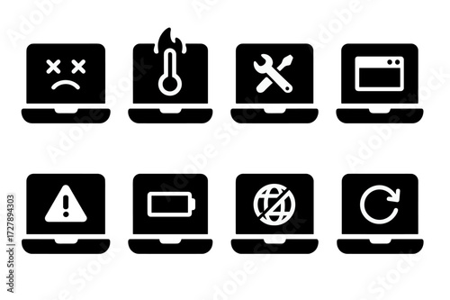 Laptop Error Icons. Solid, filled icon set of laptop errors: blue screen, overheating, hardware failure, software crash, virus alert, battery low, network