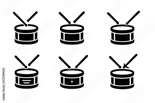 Drum Technique Icons. Solid, filled icon set of snare drum playing techniques: rimshot, ghost note, flam, roll, drag, buzz stroke, tap, accented hit. Solid,